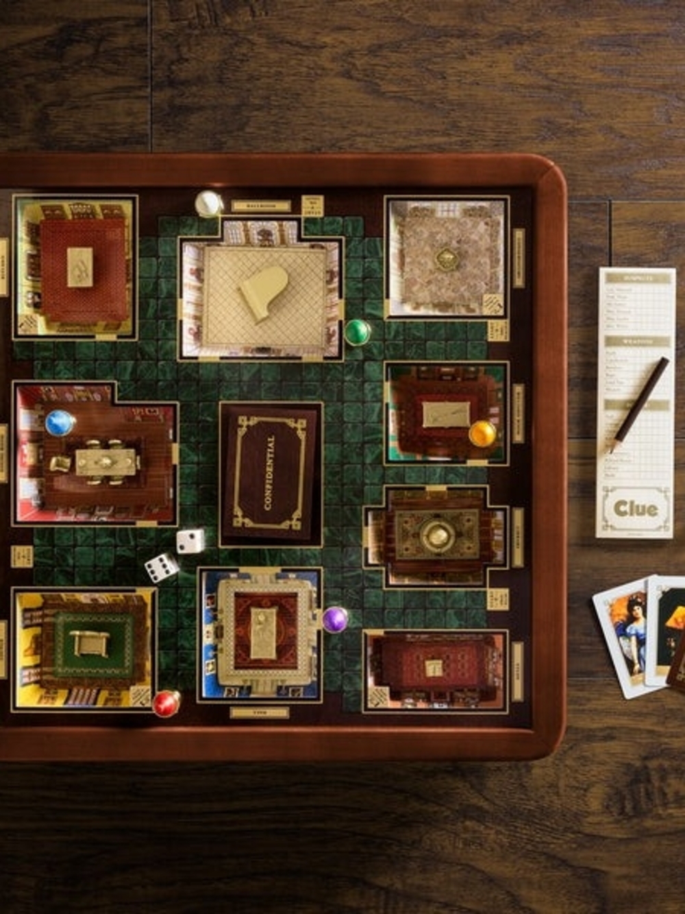 Hasbro Clue Mystery Board Game with Green Board and Multicolored Tokens